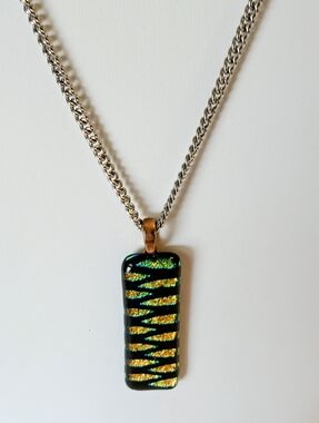 28" Gold Orange/Blk Dichroic Textured Oblong Fused Pinwheel Fused Glass Pendant
